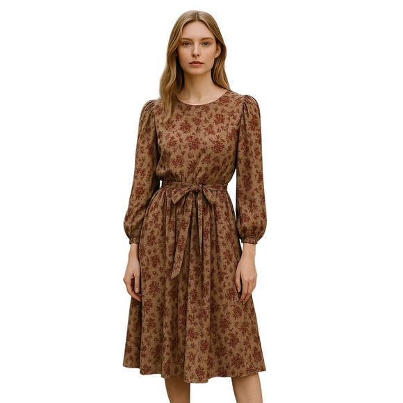 lark & grey Dresses & Skirts - Womens Lark & Grey Brown Floral Midi Dress Size Large Belted Long Sleeve